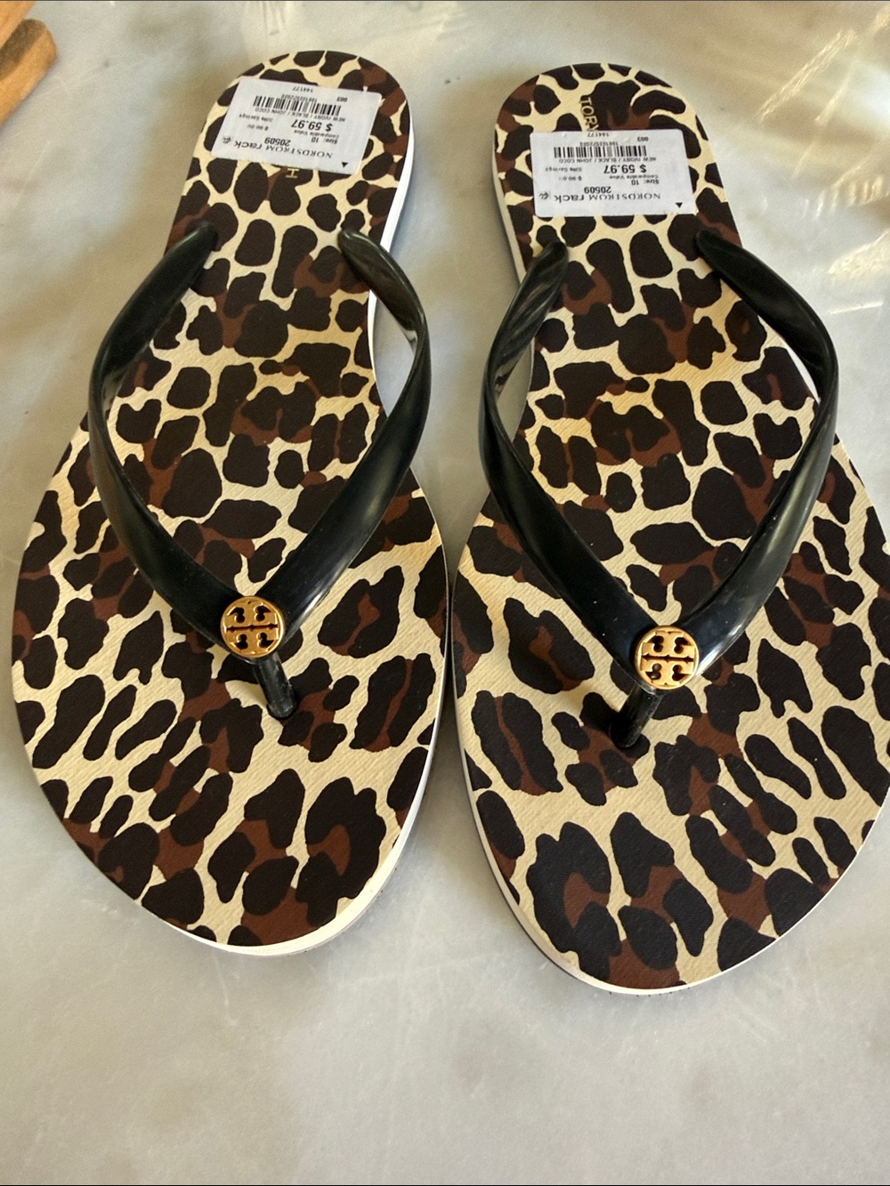 Tory Burch Black Strap Leopard Print Flip Flops with Gold Emblem